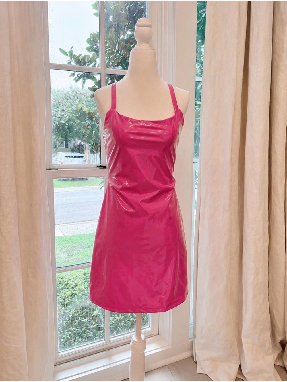 superdown Hot Pink Patent Mini Shiny Slip Dress with Thin Straps Medium